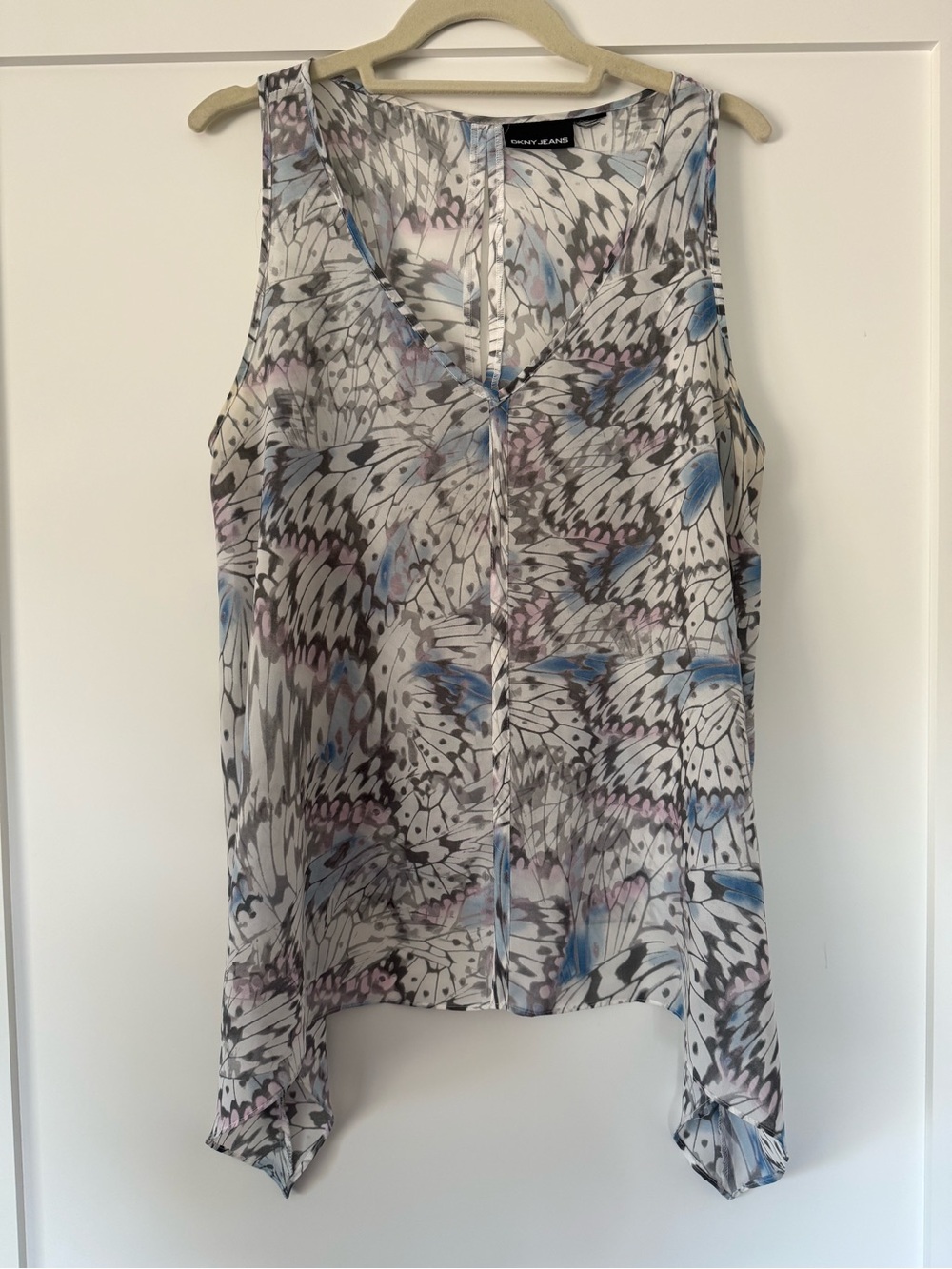 Dkny White Grey Blue Abstract Print Sleeveless Blouse L